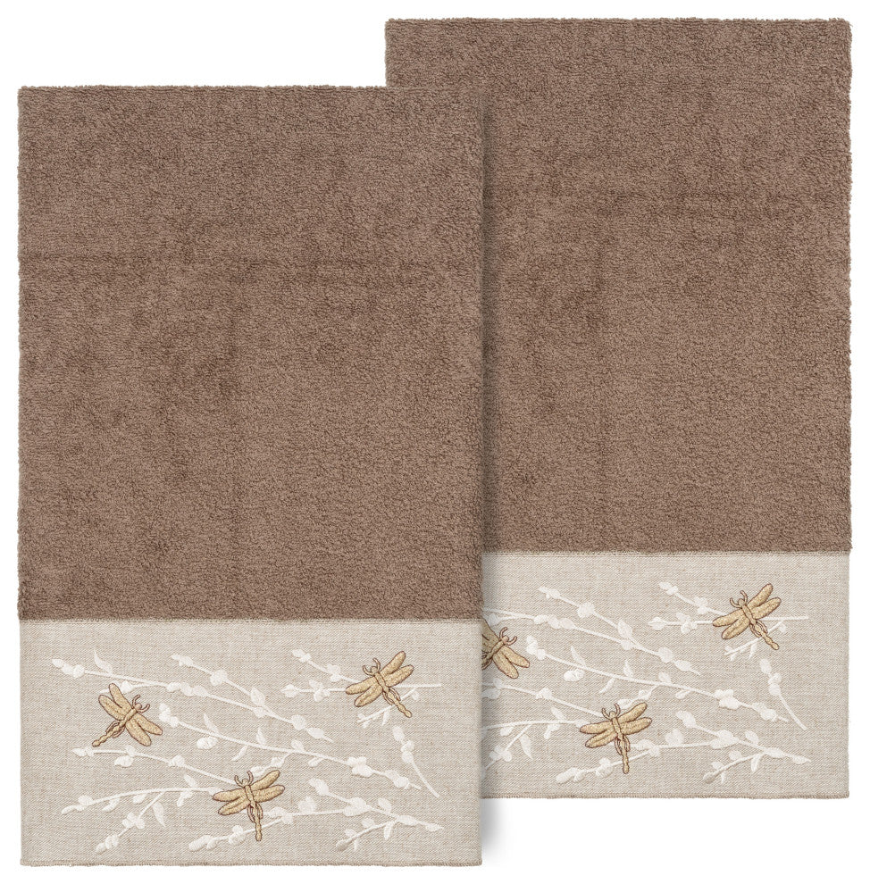 Linum Home Turkish Cotton Braelyn 2-Piece Embellished Bath Towel Set, Latte