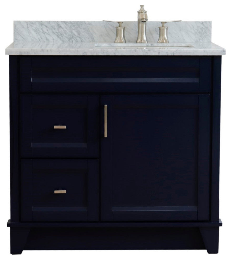 37" Single Sink Vanity, Blue Finish With White Carrara Marble