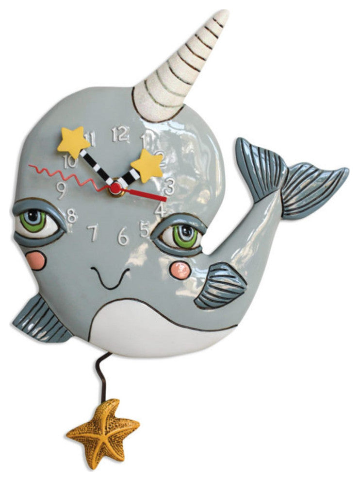 Allen Designs Narly Narwhal Whale Pendulum Wall Clock Battery Operated