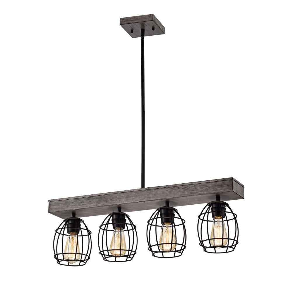 4-Light Wood and Black Cage Linear Pendant