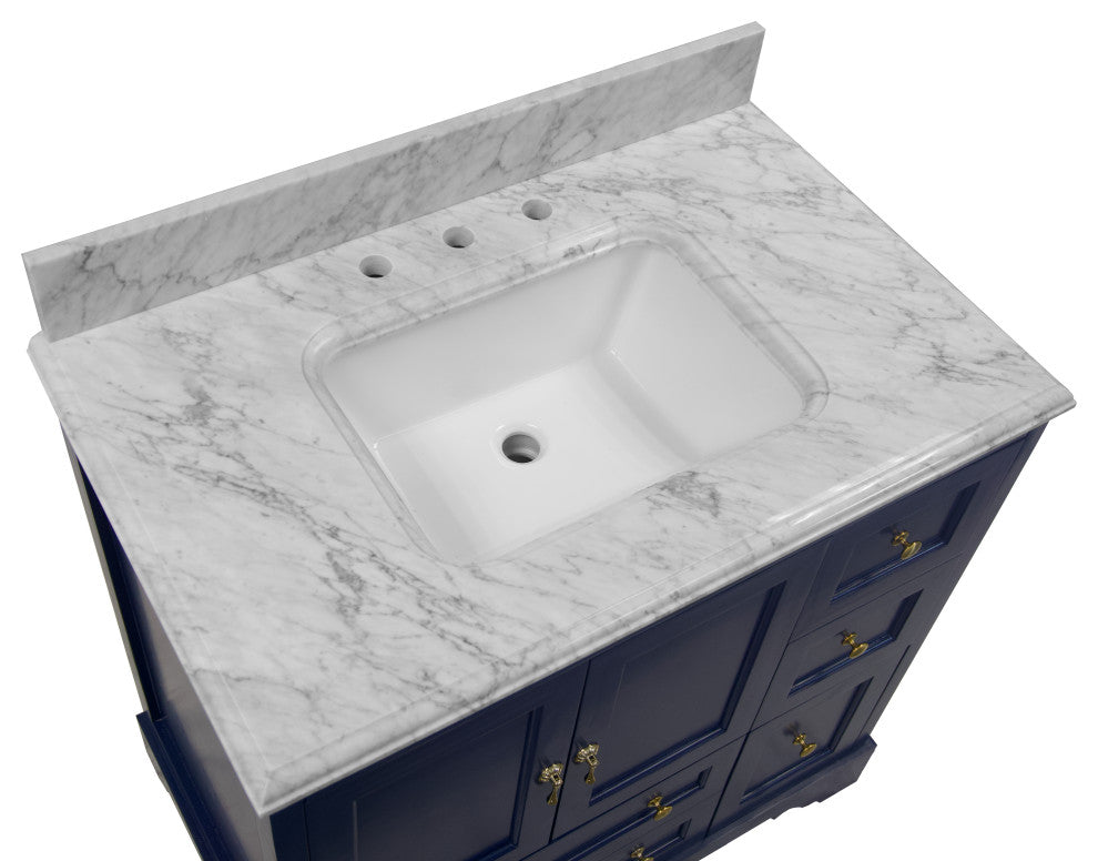 Madison 36" Bathroom Vanity, Royal Blue, Carrara Marble