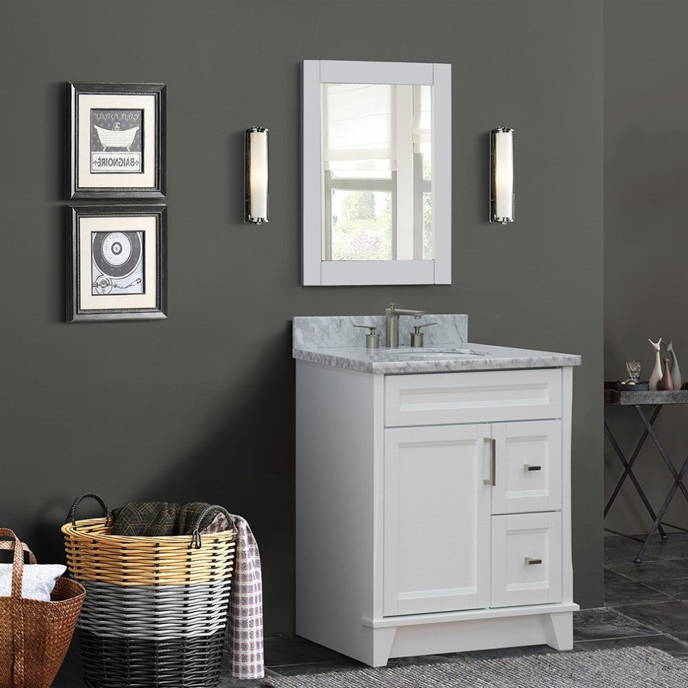 31" Single Sink Vanity, White Finish With White Carrara Marble With Oval Sink