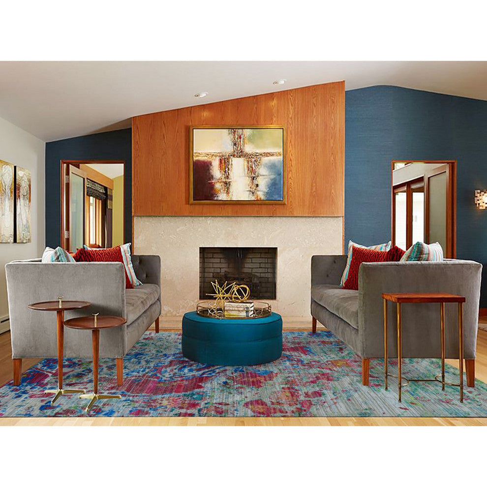 Cinereous Gray, Abstract Design, Silk With Wool, Hand Knotted Rug, 8'10"x12'2"