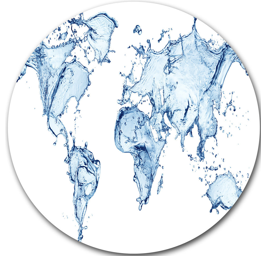 World Map Water Splash, Map Digital Art Round Metal Wall Art, 23"