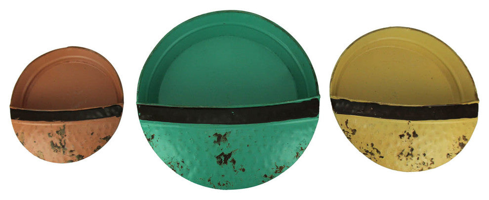 Green Yellow Orange Vintage Metal Round Wall Pockets Set of 3
