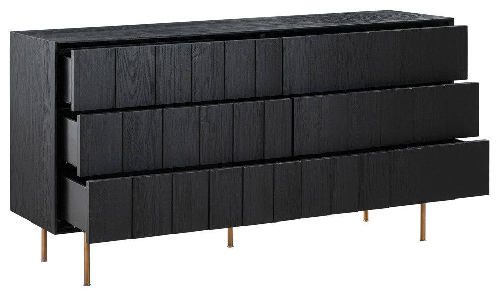 Carnaby 6 Drawer Dresser in Black Brushed Oak and Bronze