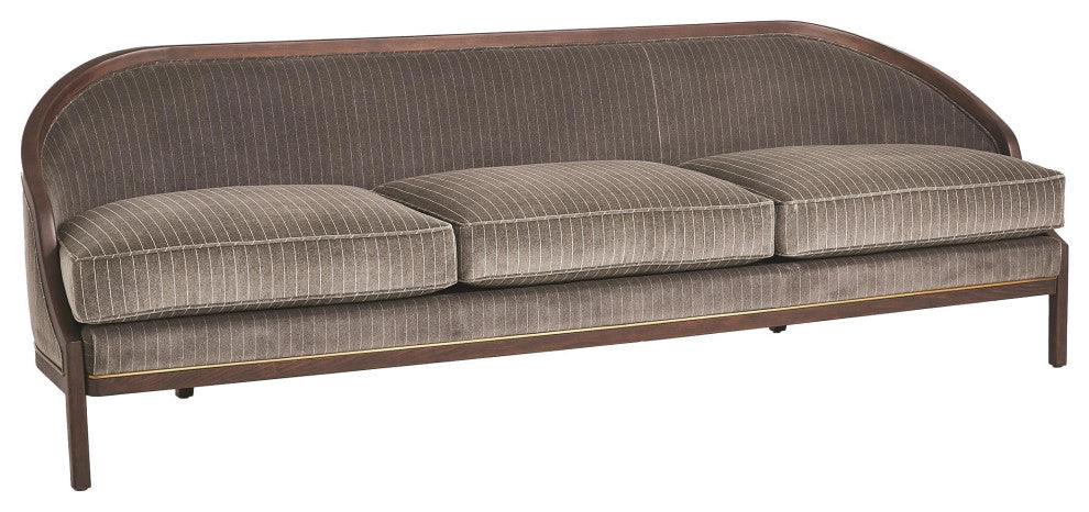 Elegant Pinstripe Gray 3 Seat Sofa Exposed Wood Velvet Curved Back Contemporary