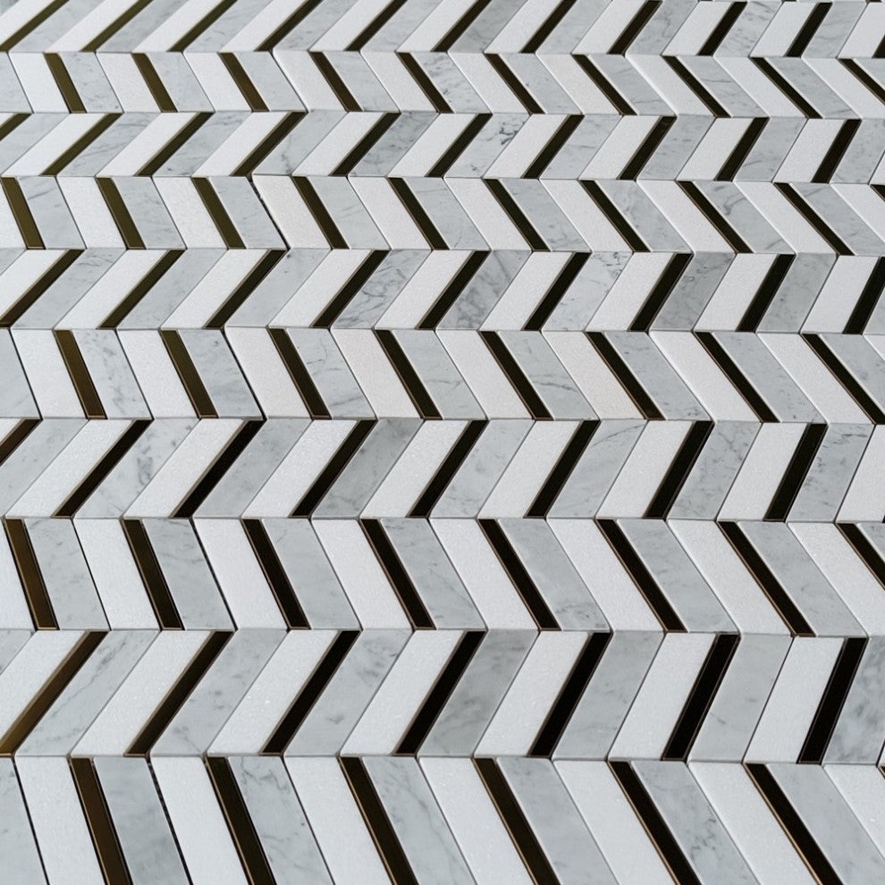 Thassos White Carrara White Marble Artistic Chevron Mosaic Tile Brass, 1 sheet