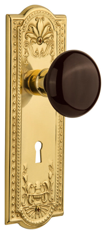 Meadows Plate Passage Brown Porcelain Knob, Polished Brass