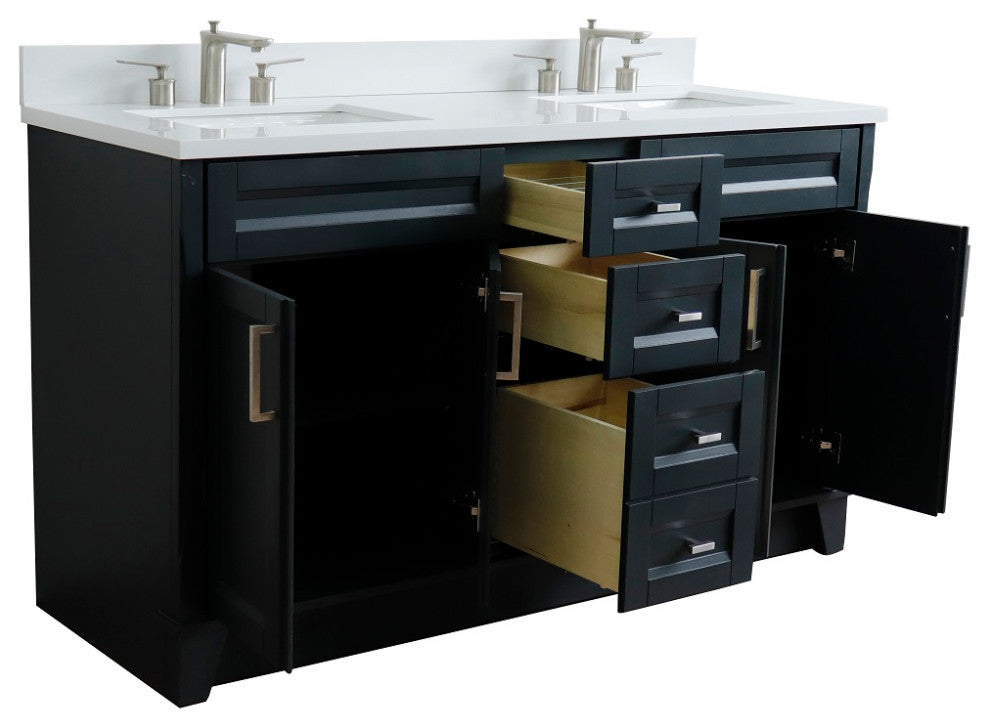 61" Double Vanity, Dark Gray Finish With Engineered Stone Top, Rectangle Sink