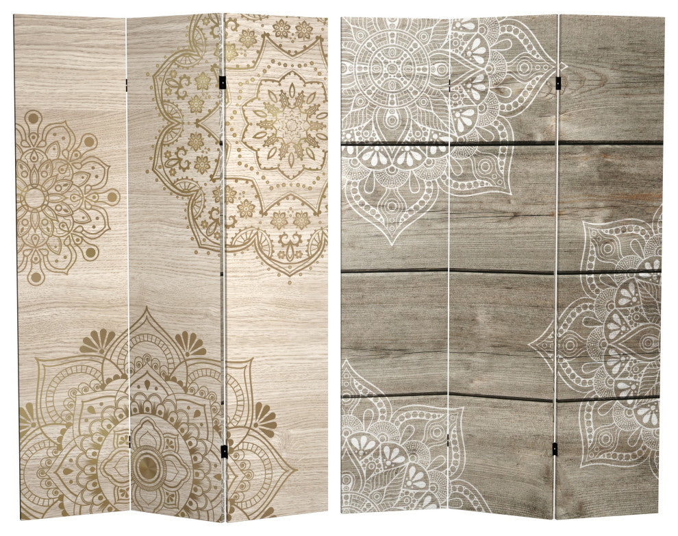 6' Tall Double Sided Mandala on Oak Canvas Room Divider
