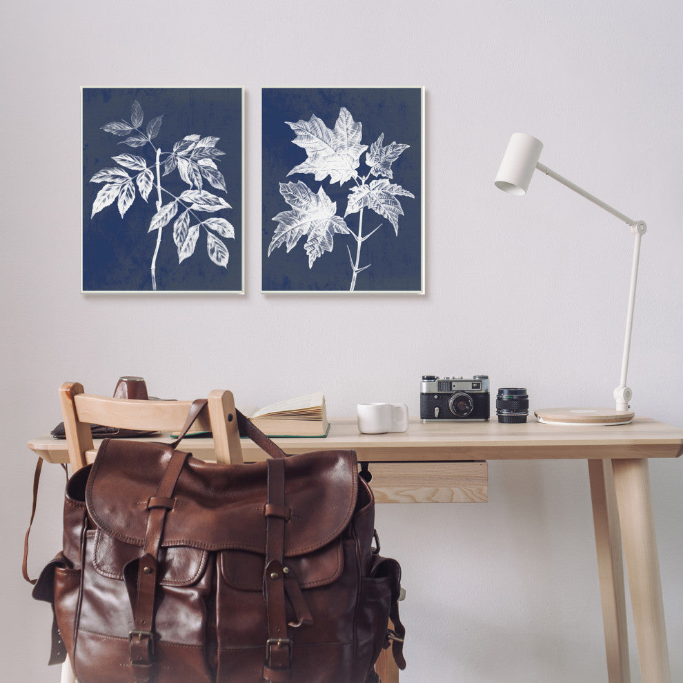 Maple Leaf Elm Stem Vintage Blue White Illustration,2pc, each 13 x 19