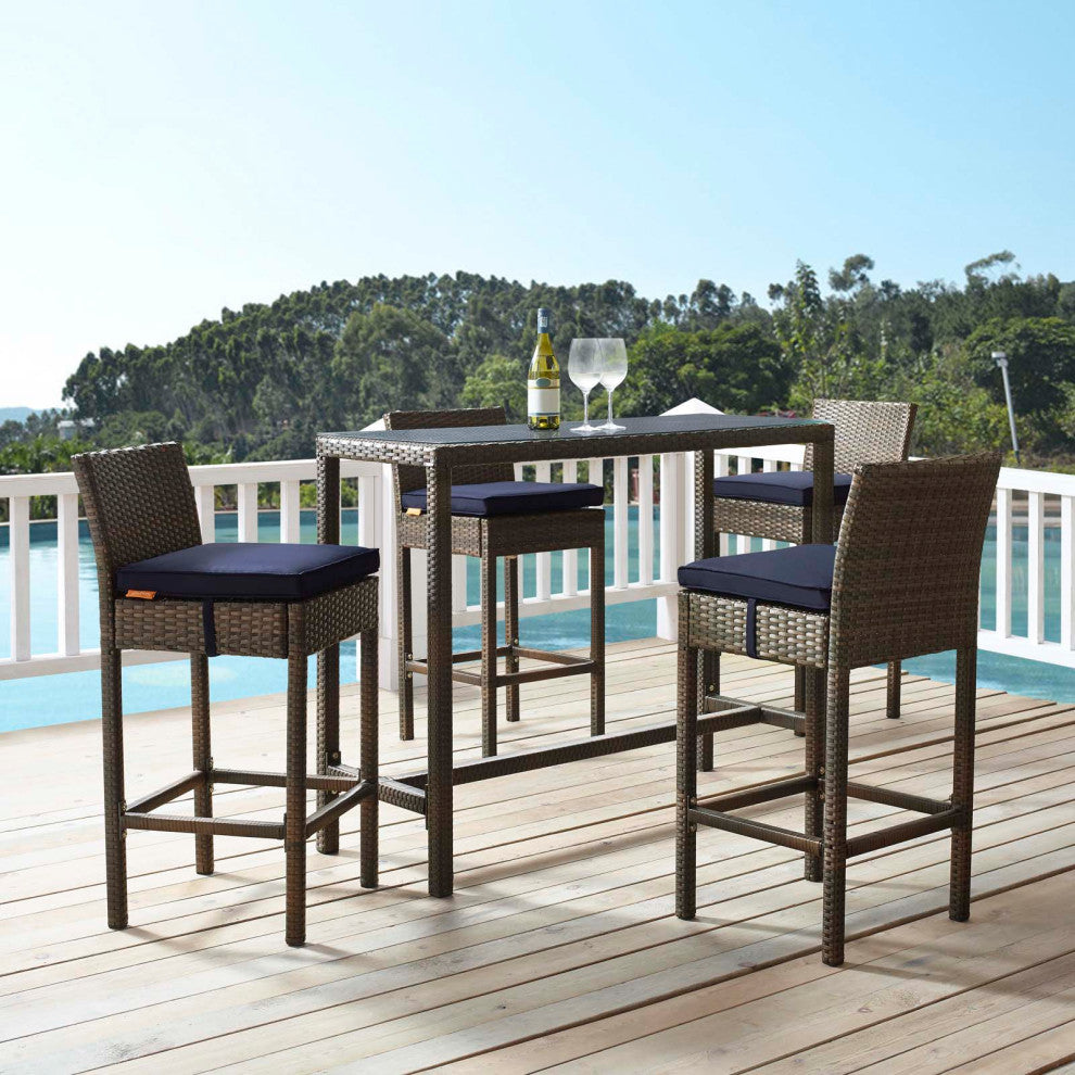 Modern Outdoor Bar Stool Chair, Set of Four, Fabric Rattan, Brown Navy Blue