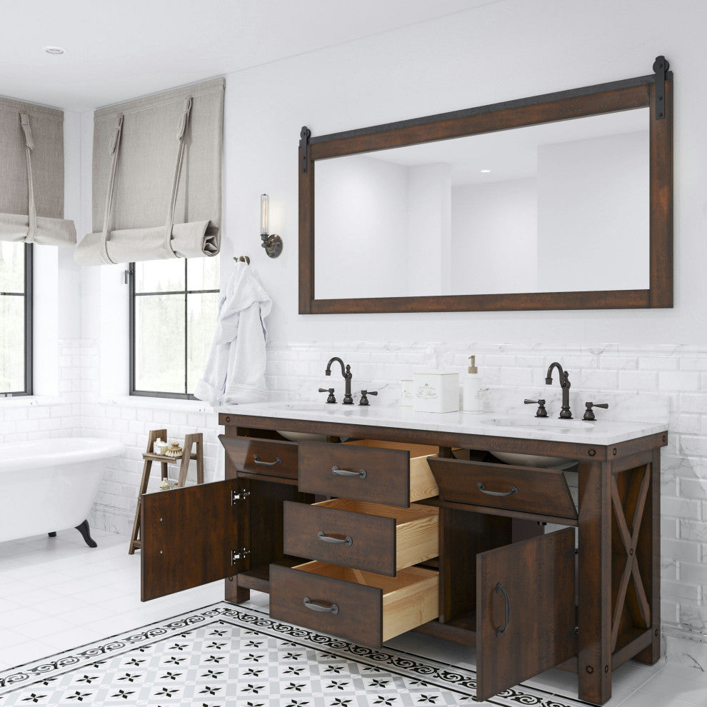 Aberdeen 72" Double Sink Carrara Marble Countertop Vanity Hook Faucets Mirrors
