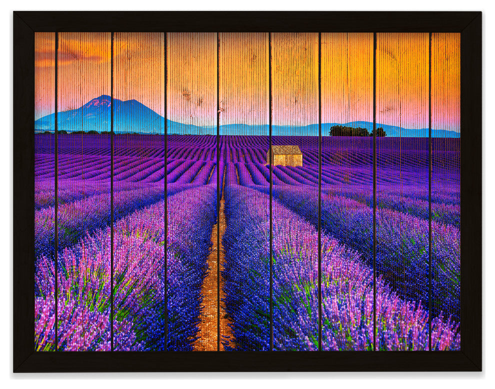 Faux Wood Lavender Fields and Sunset Landscape Framed Photo Paper Wall Art Print, Black, 18" X 24"