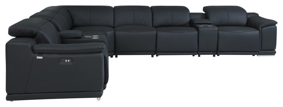 Federico 8-Piece L-Shaped Top Grain Italian Leather Sectional-4 Power Recliners, Black