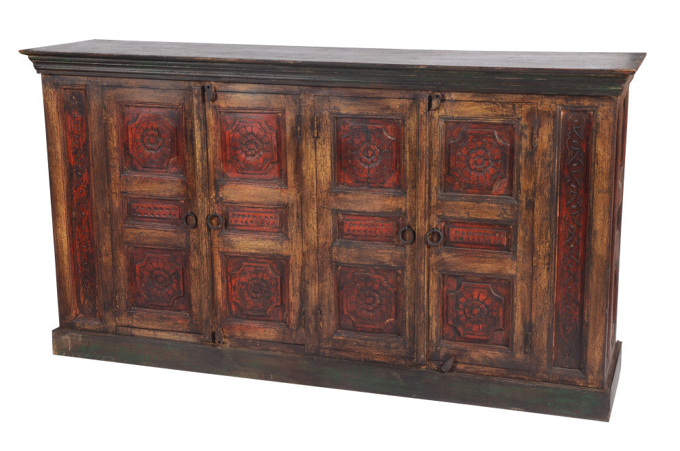 Arvada 4 Door Hand-Carved Solid Wood Buffet in Brown/Multi-Color