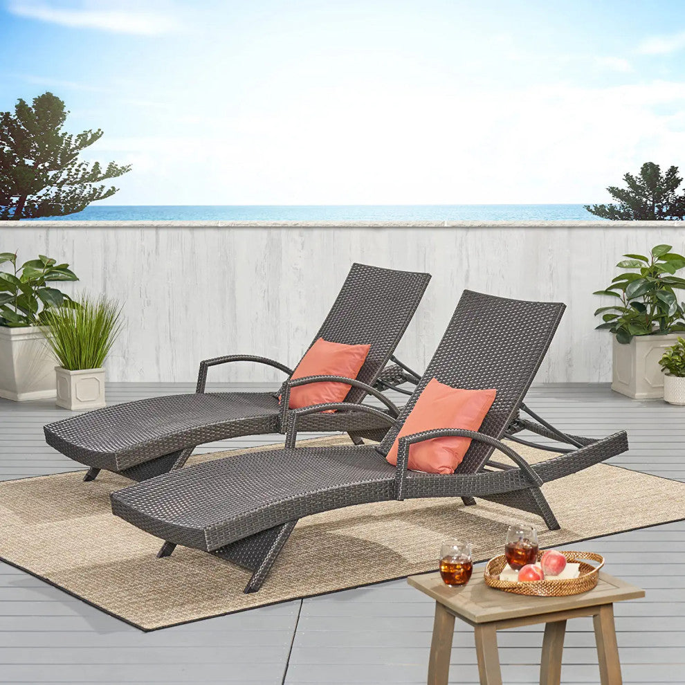 2 Pack Outdoor Wicker Chaise Lounges with Metal Frame and Armrests