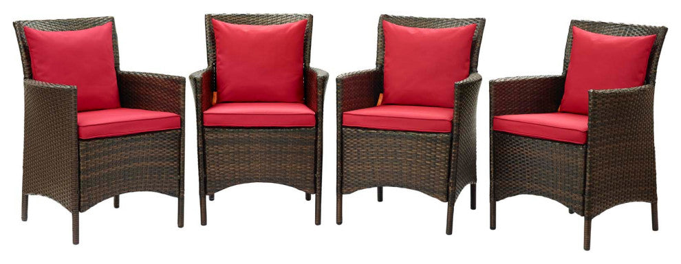 Side Dining Chair Armchair, Set of 4, Rattan, Wicker, Brown Red, Modern, Outdoor