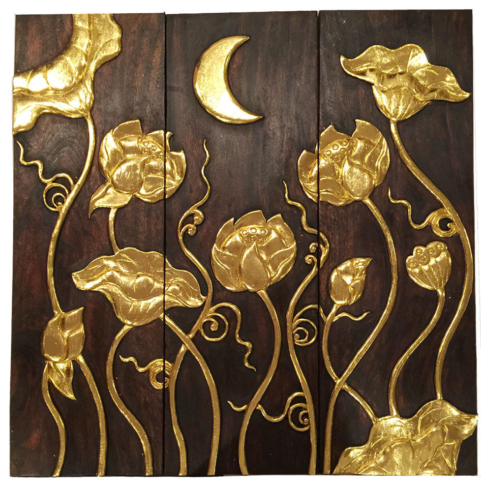 Asian Gold Wood Carved Lotus Flower and Moon Relief Wall Art Panels. 36"