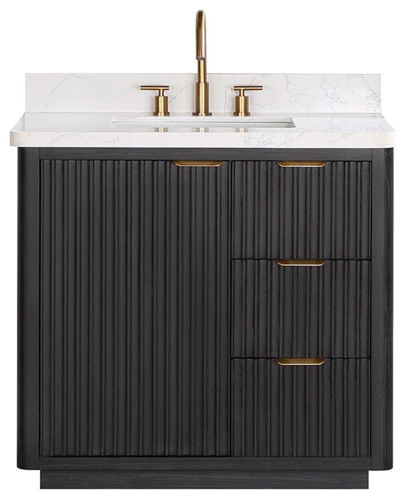 Vinnova Cadiz Bath Vanity, Composite Stone Top, Black, 36", No Mirror