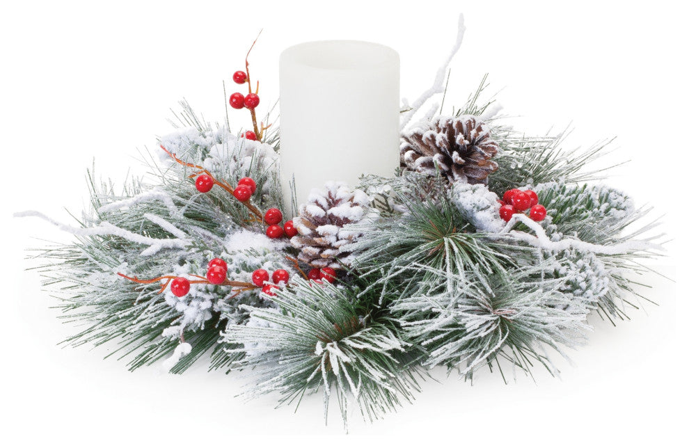 Flocked Pine Berry Candle Ring 15.5"D