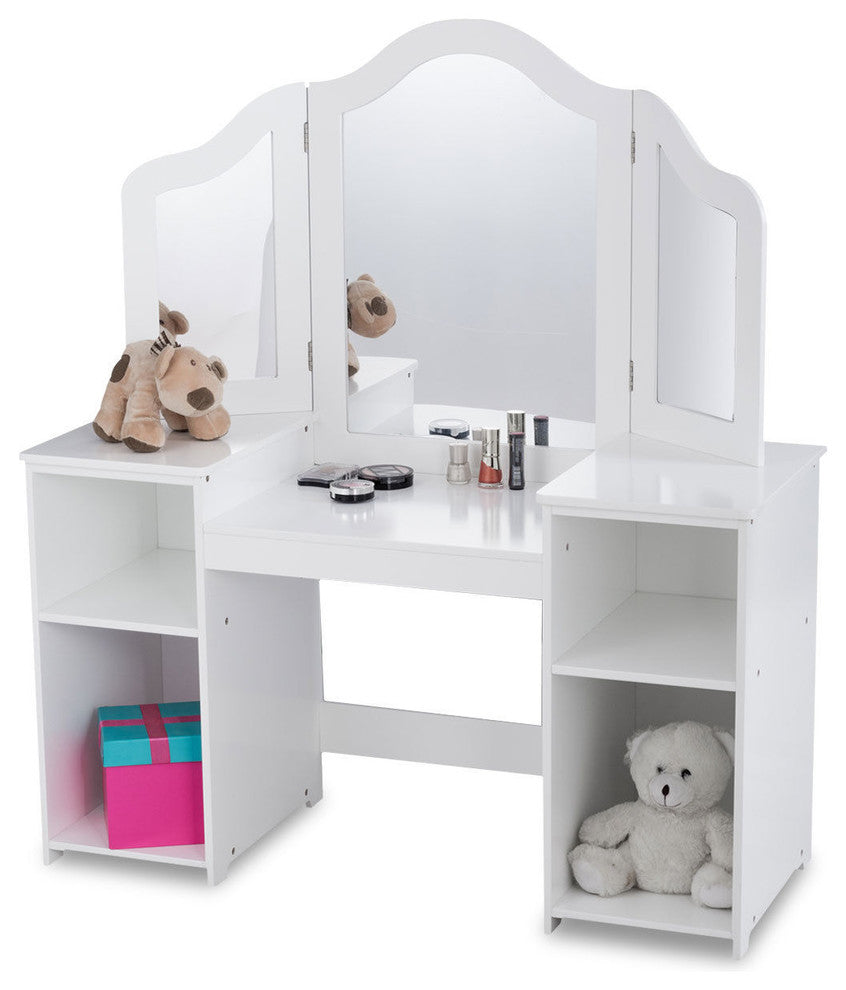 Costway Vanity Table Set Makeup Dressing Kids Girls Study Table Folding Mirror