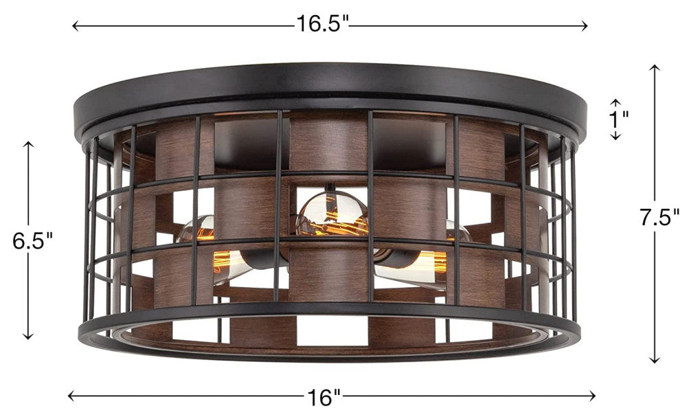 3 Light Vintage Home Flush Mount Fixture, Black Frame, Wood