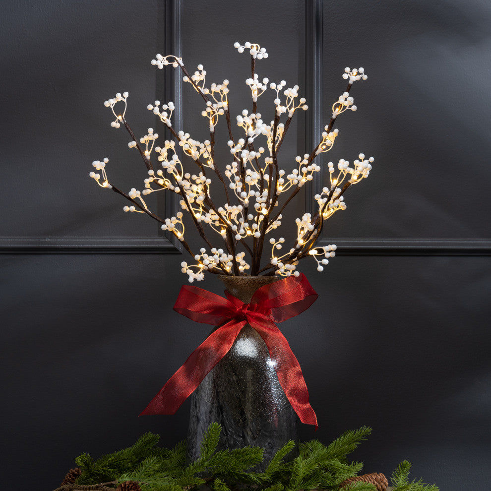 Set of 3, 23.62" Brown PVC Wrapped Branches With White Berries and LED Lights