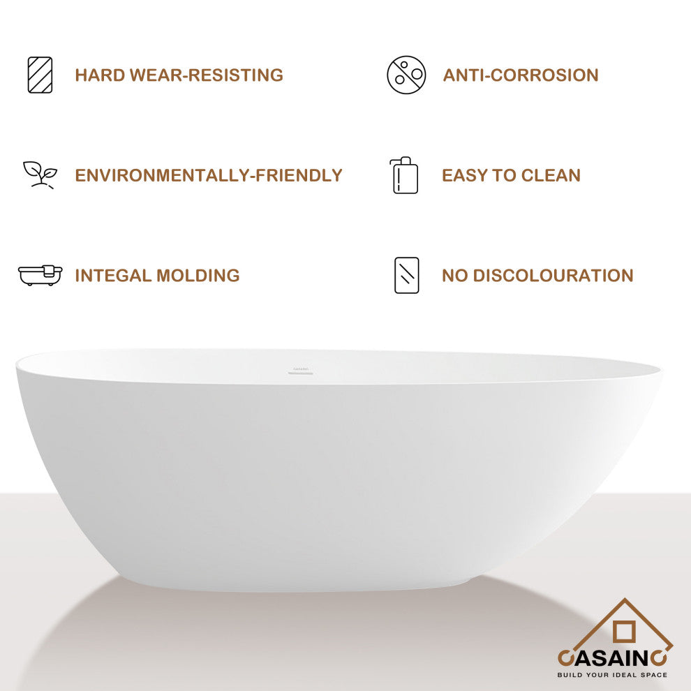 71in White Solid Surface Oval Freestanding Soaking Bathtub with Drain, 63in