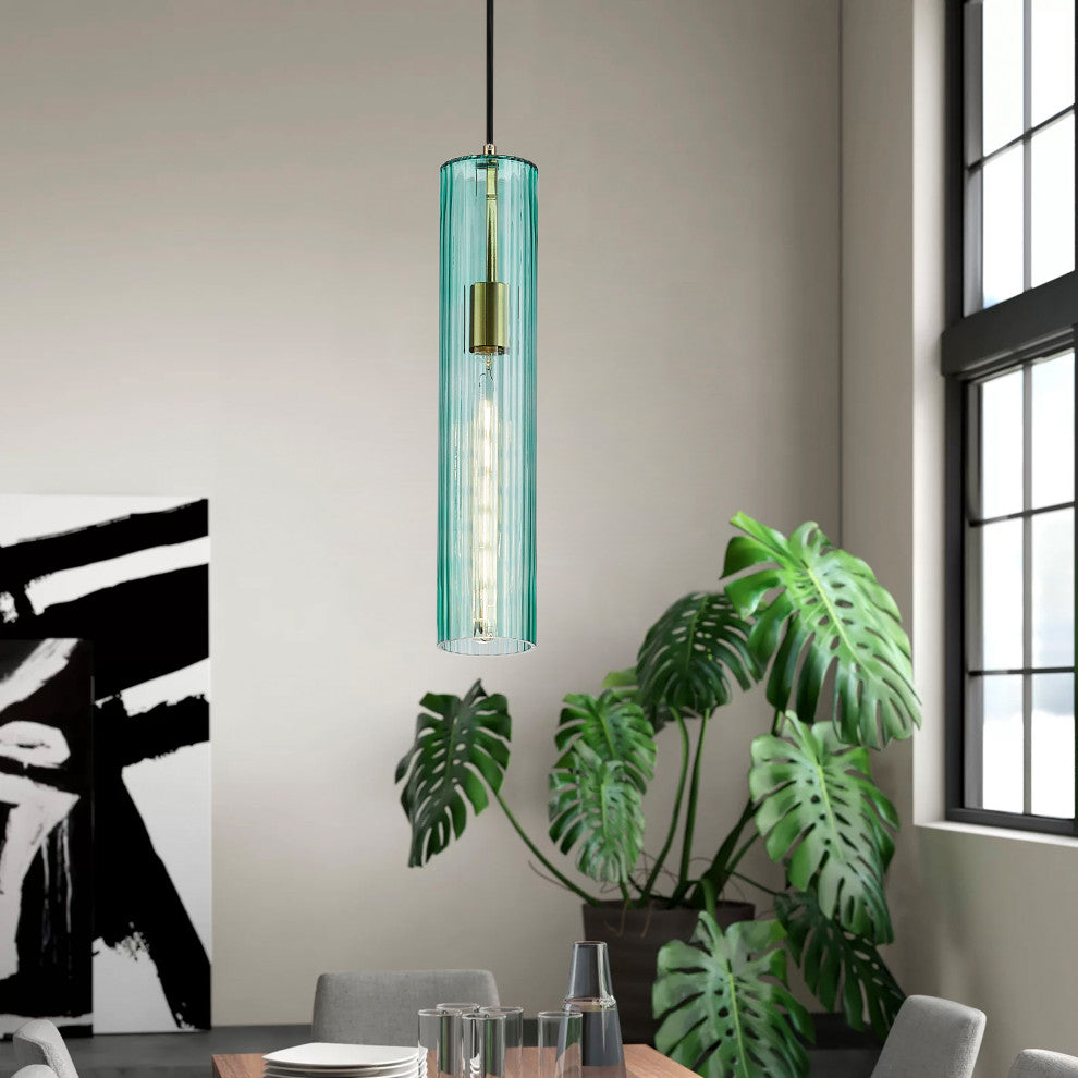 Modern Green Textured Glass Cylinder Pendant Light Fixture