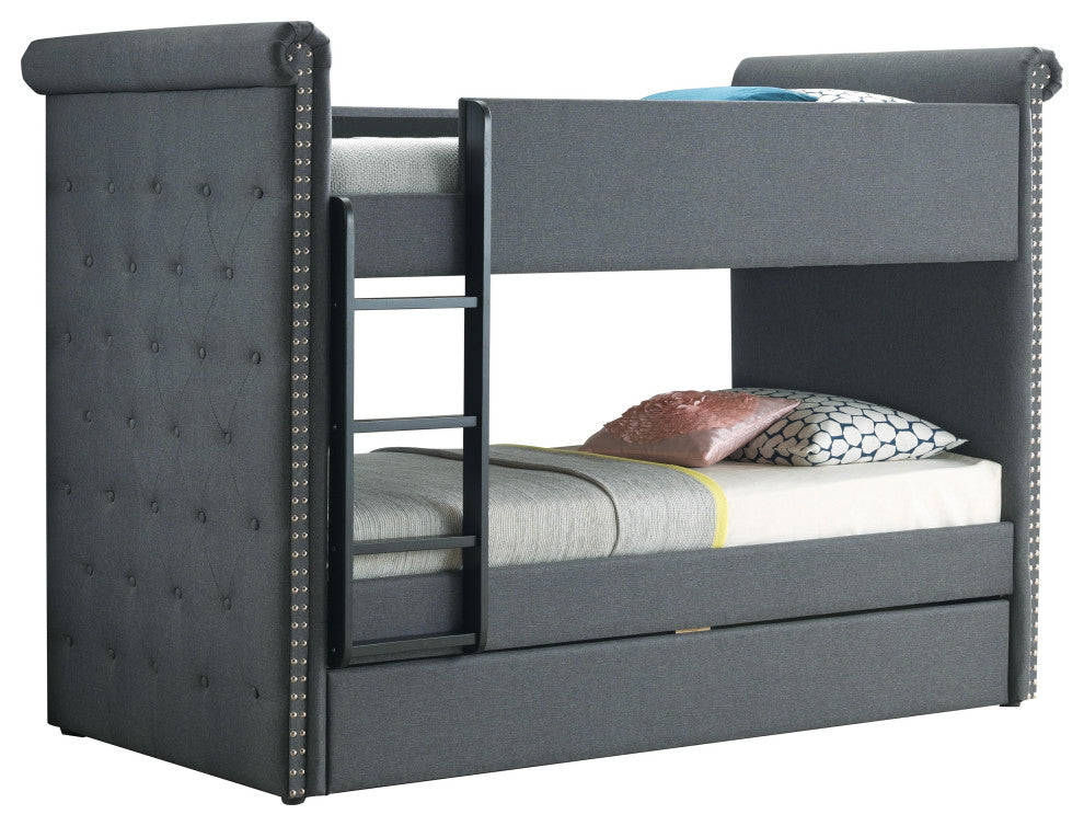 Benzara BM214900 Twin Size Bunk Bed With Nailhead Trim, Gray/Black