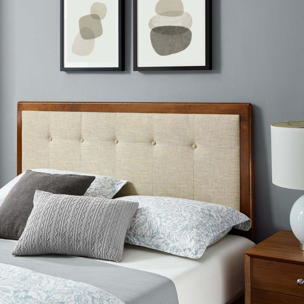 Platform Bed Frame, King Size, Wood, Brown Walnut Beige, Modern Mid-Century