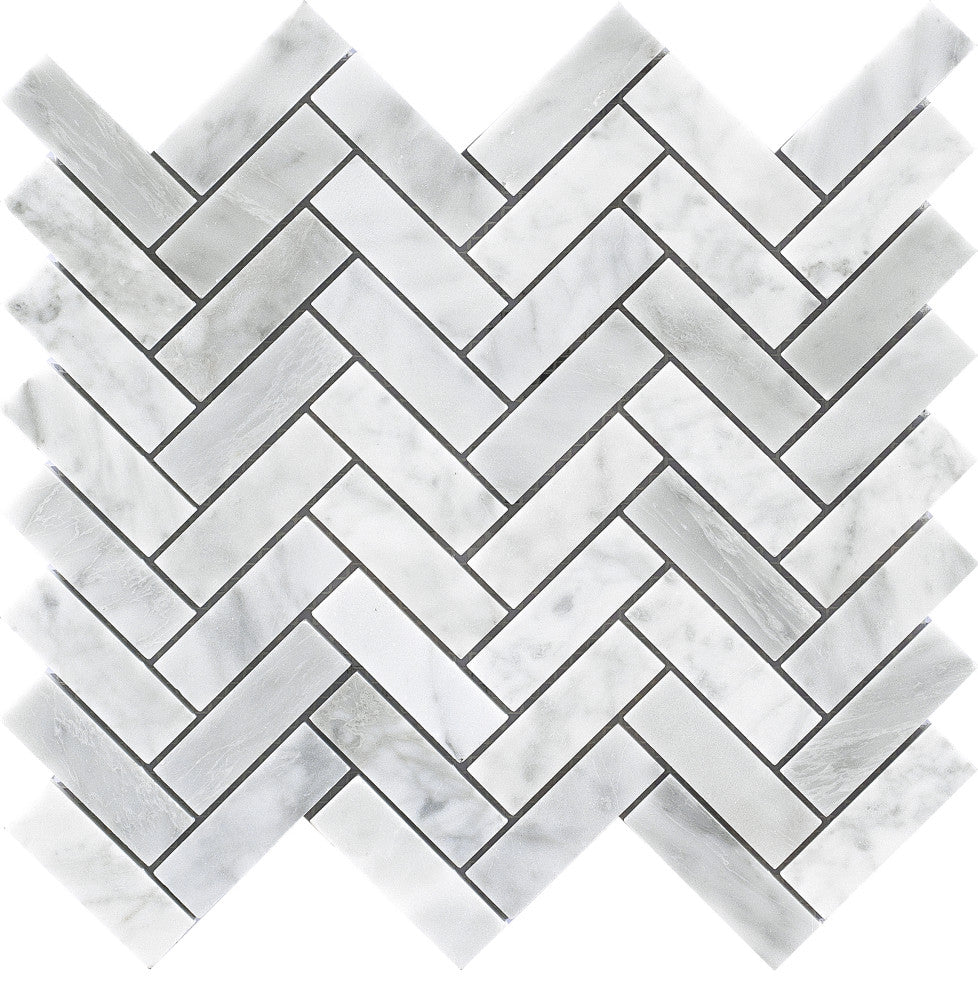 Carrara White 11.2"Ã—12.6" Herringbone Polished Marble Mosaic Tile, 1 Box