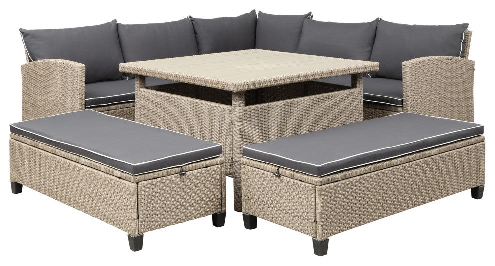 6 Pieces Outdoor Rattan Patio Sectional Sofa With Table and Benches