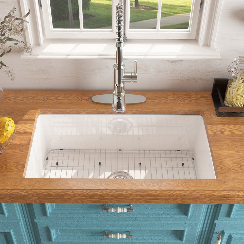 32in Undermount Single Bowl Fireclay Kitchen Sink with Grid and Drainer, Glossy White