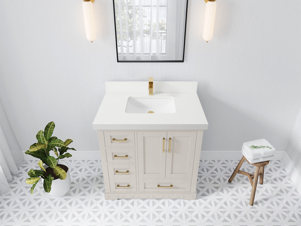 Boston 36" Center Sink Bath Vanity in Fine Grain 2" White Quartz