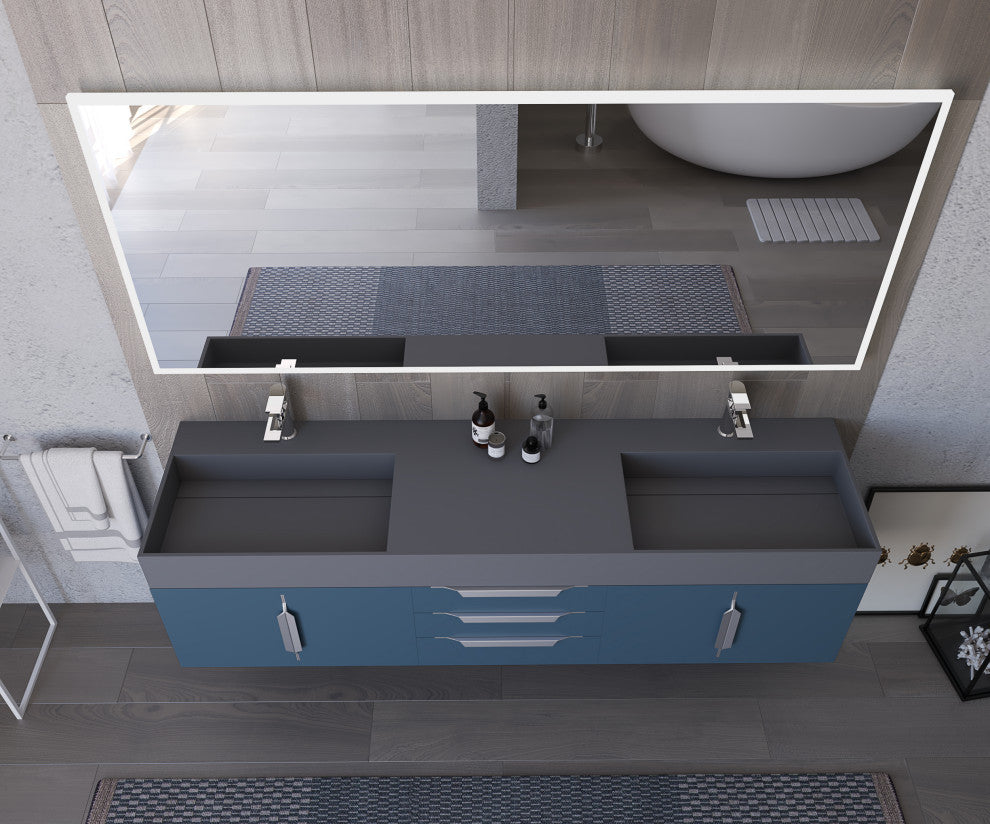 CastelloUSA Amazon 72" Wall Mounted Vanity Set, Blue, Gray Top, Chrome Handles