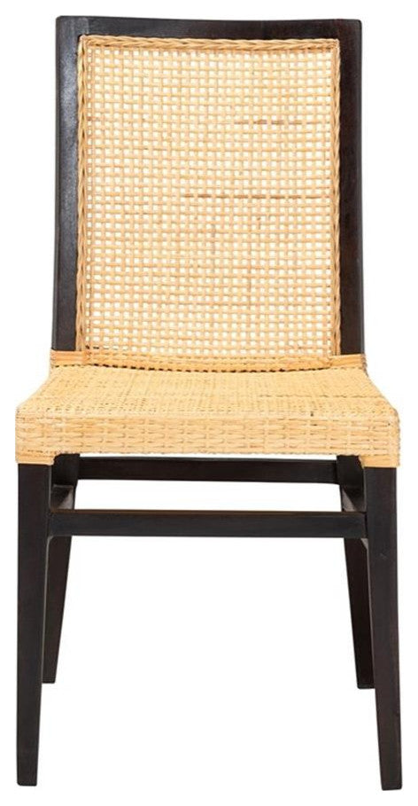 Lingga Modern Bohemian Dark Brown Mahogany Wood and Natural Rattan Dining Chair