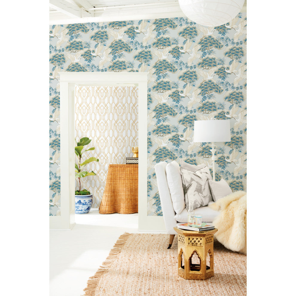 Sprig and Heron Light Blue Wallpaper