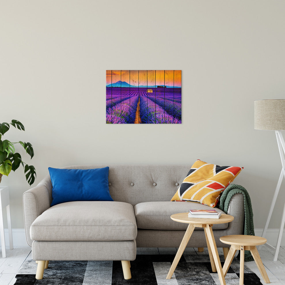 Faux Wood Lavender Fields and Sunset Landscape Canvas Prints, 18" X 24"