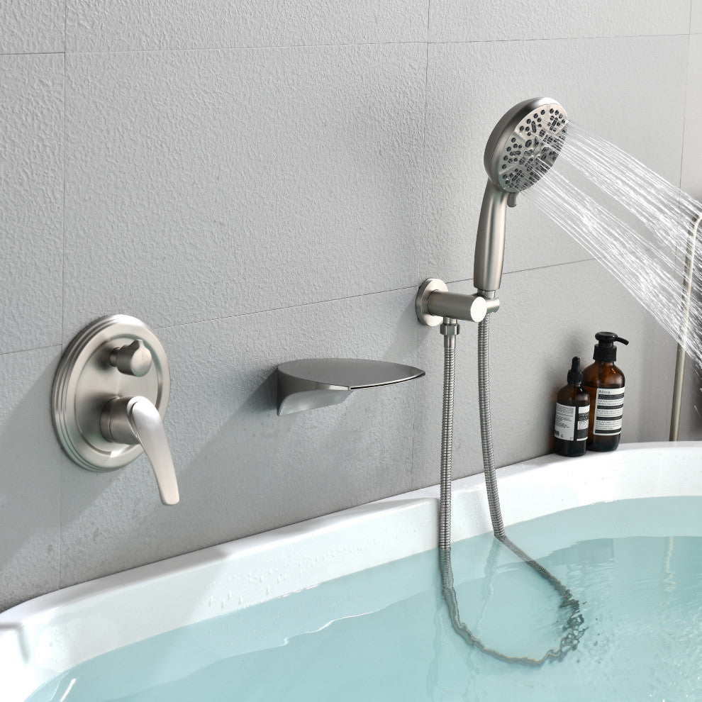 Single Handle Wall Mounted Waterfall Faucet With Handshower, Brushed Nickel