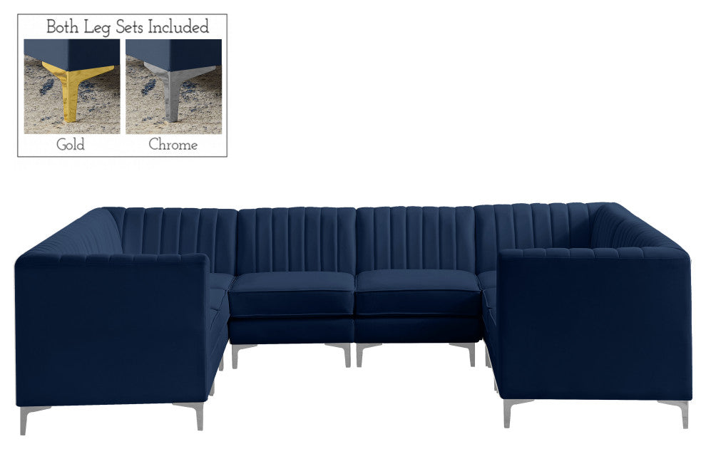 Alina Velvet Modular U-Shaped Sectional, Navy, 8-Piece: 4 Armless Chair, 4 Corner Chair