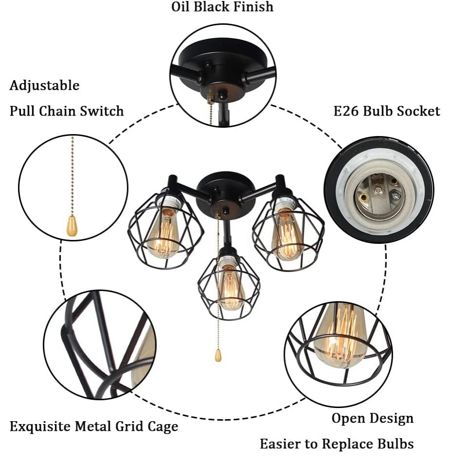 3 Light Industrial Pull Chain Ceiling Light Fixture, Black Cage Flush Mount