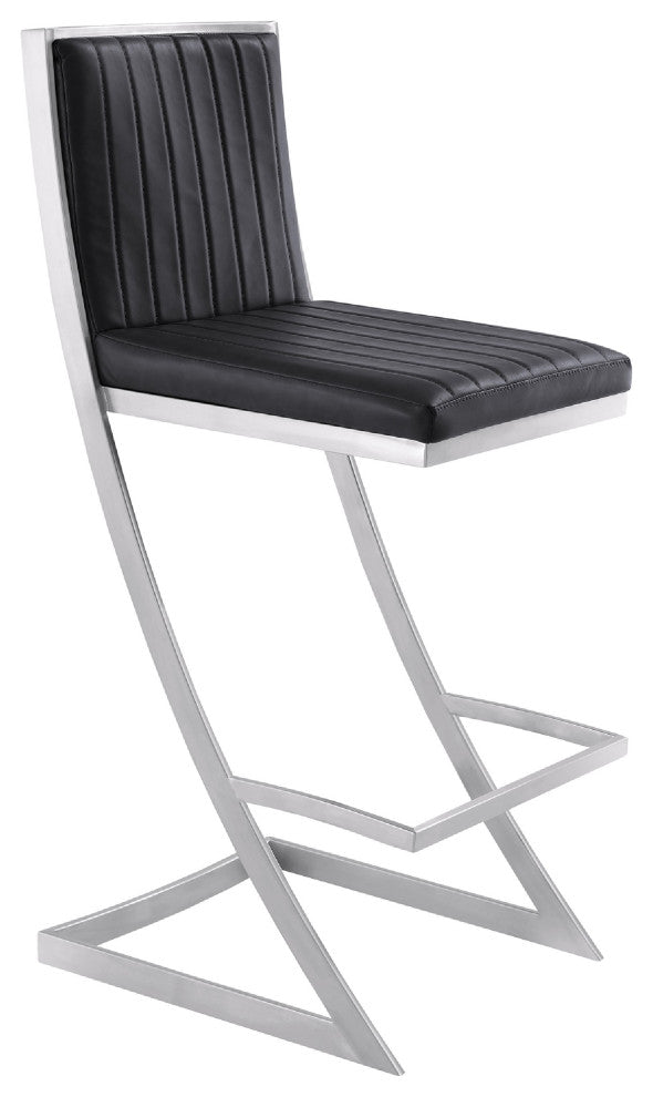 Benzara BM271183 Barstool, Channel Stitching/Cantilever Base, Black/Silver
