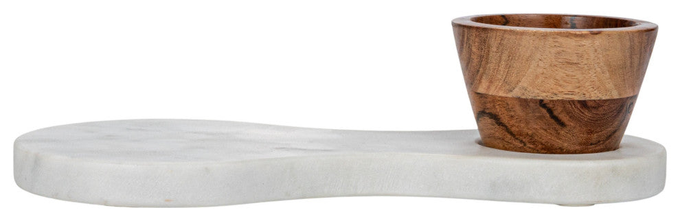 Marble Serving Board With Mango Wood Bowl, White and Natural