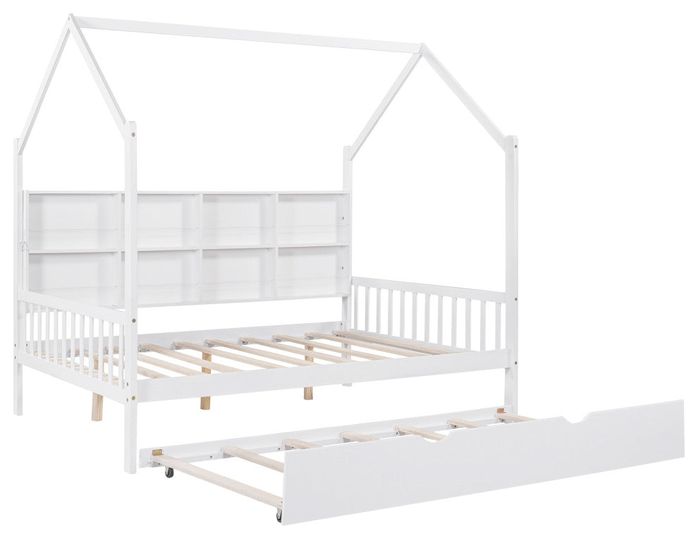 Gewnee Wood Full Size House Bed with Trundle for Kids in White