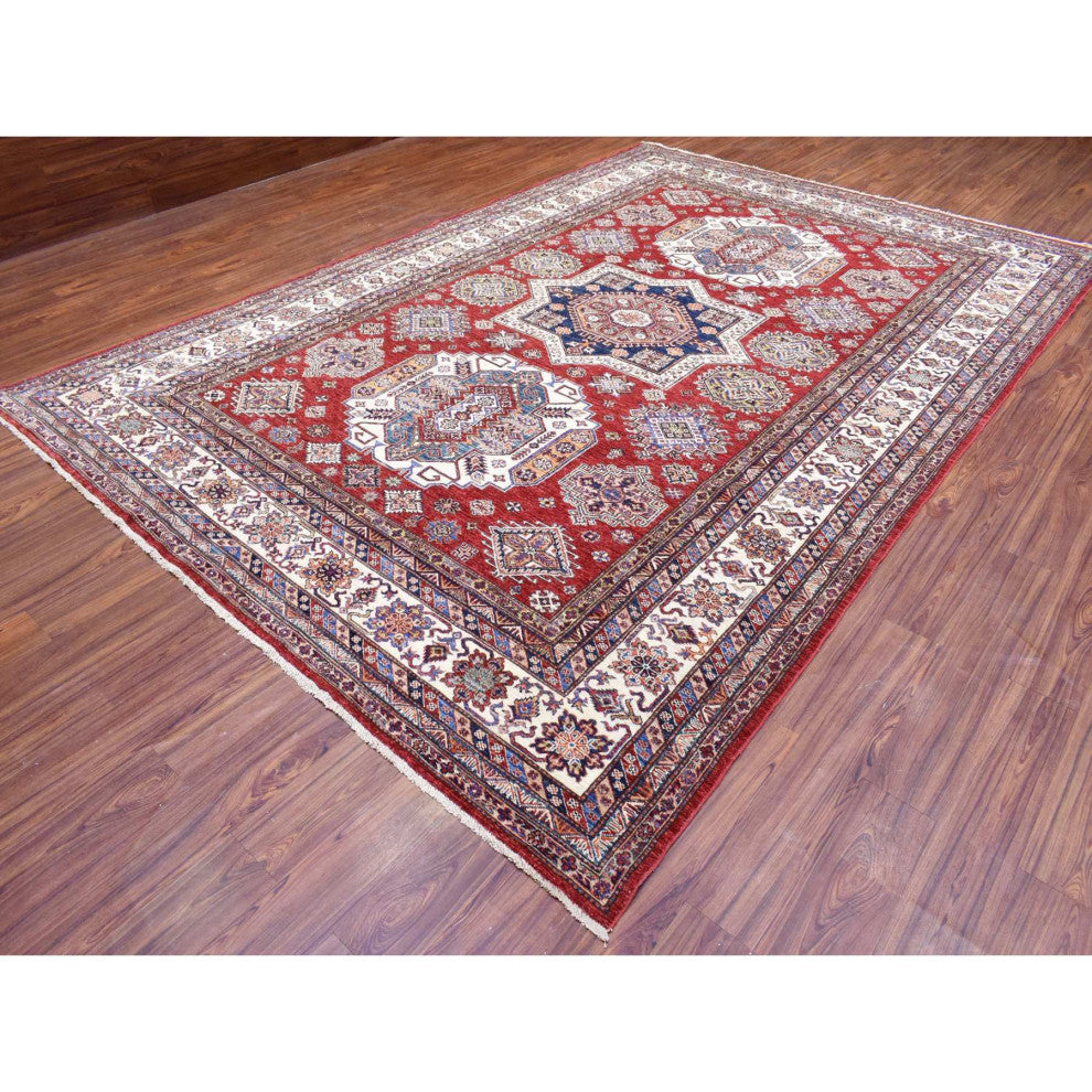 Tomato Red Afghan Super Kazak Pure Wool Hand Knotted Oriental Rug, 8'10"x13'0"