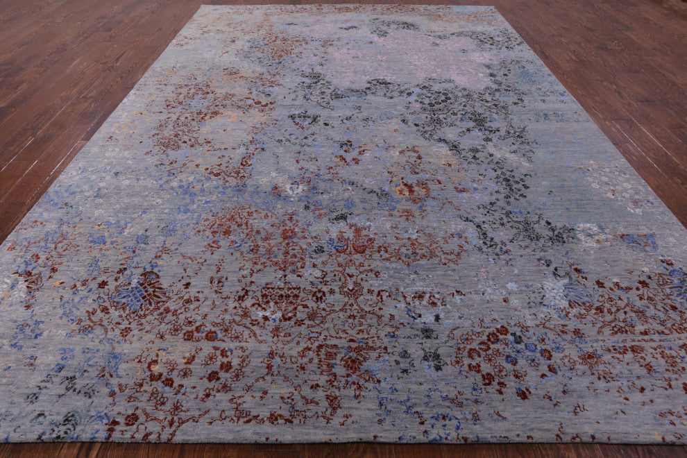 9' 1" X 12' 6" Modern Hand Knotted Wool and Silk Rug Q7074