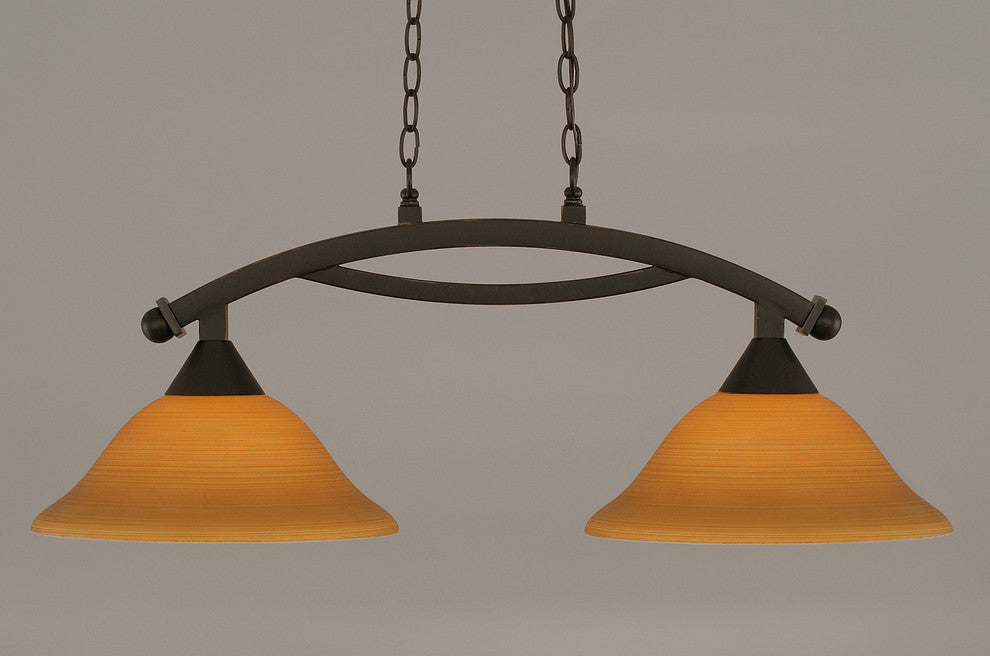 Bow 2 Light Island Light In Dark Granite, 12" Cayenne Linen Glass